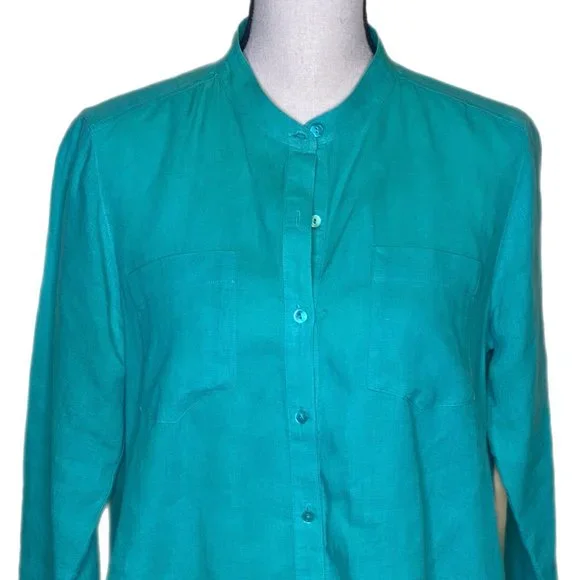 Eileen Fisher Long Sleeve Green Irish Linen Shirt Size XS - Picture 2 of 7